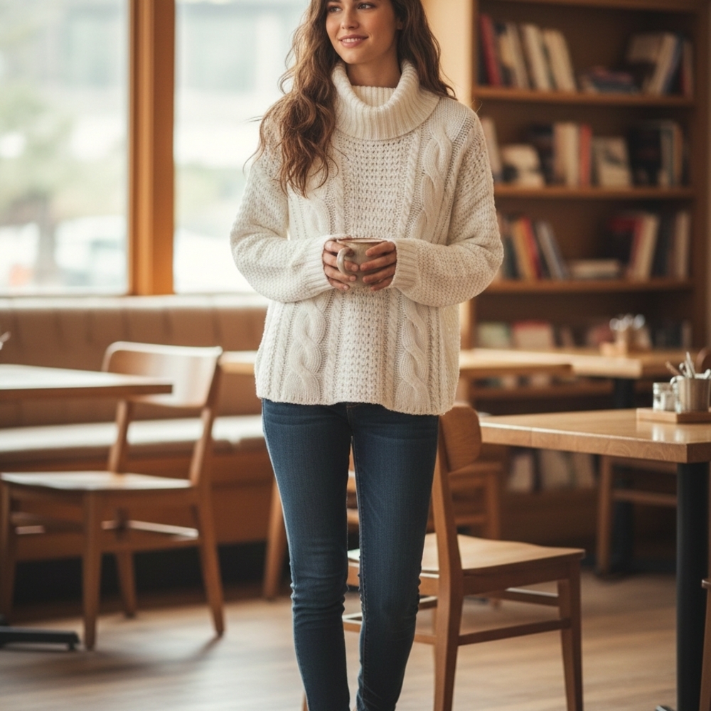 RD Style Cream Cable Knit Turtleneck Sweater
